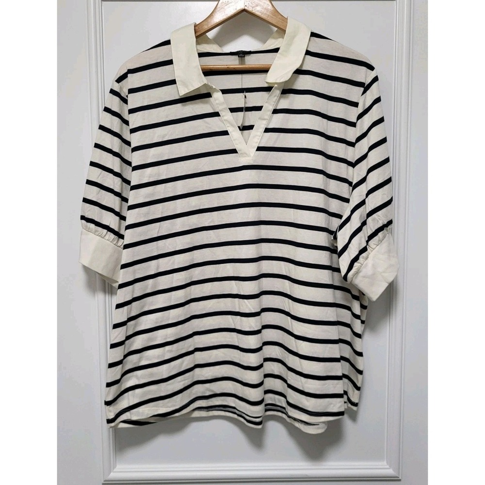 New Talbots Ivory Black Stripe Short Puff Sleeve V Neck Top 3X